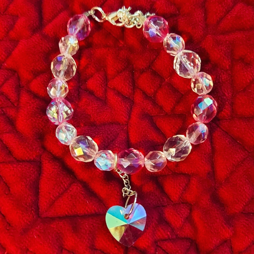 AB Iridescent Glass Heart Beads Pink and Clear Bracelet Handmade